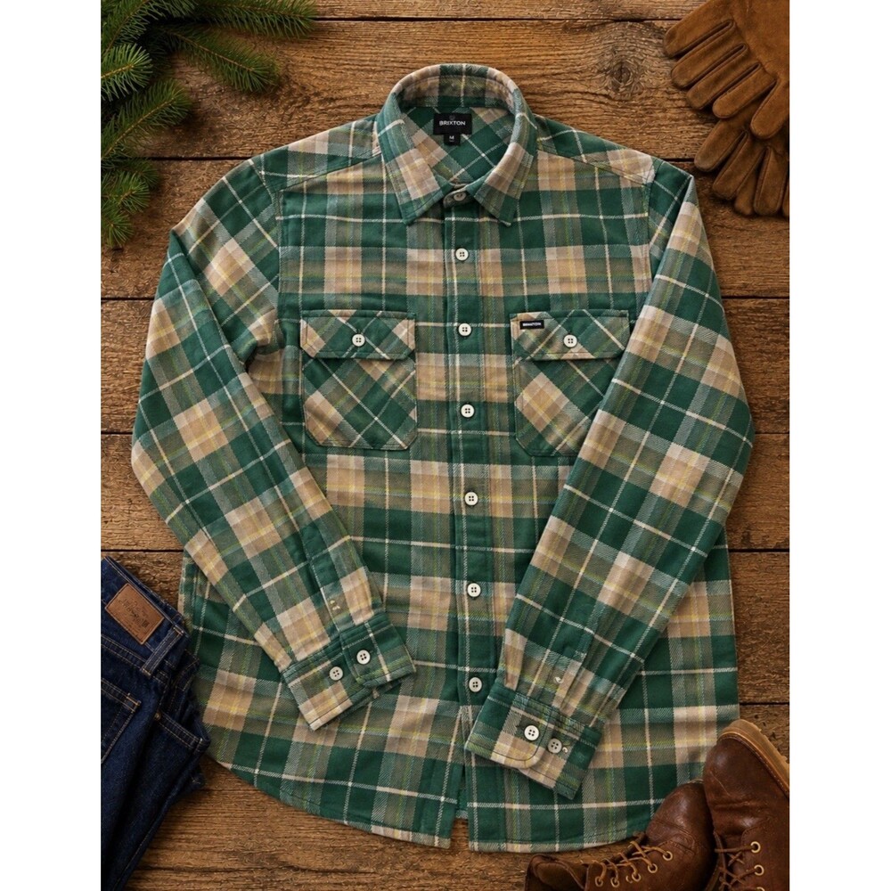 Brixton Men's Flannel Shirt Med Green Beige Workwear Lumberjack Mountain Core